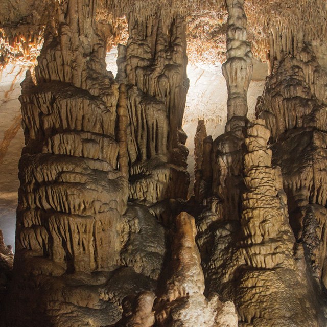 Stalactites and stalagmites form intricate limestone columns inside a dimly lit cave.