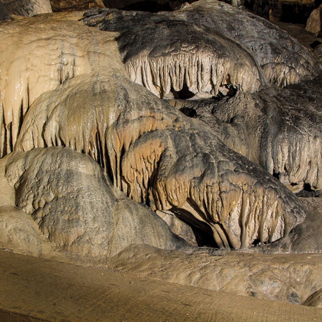 Flowstone formations near the entrance of a cave, featuring smooth, layered mineral deposits.