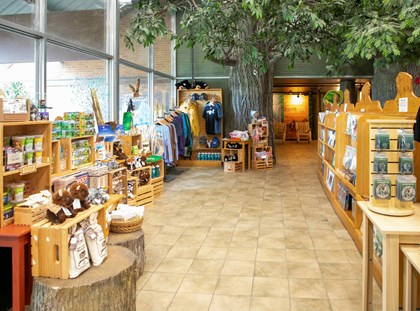Inside a visitor center showing part of a gift shop. 