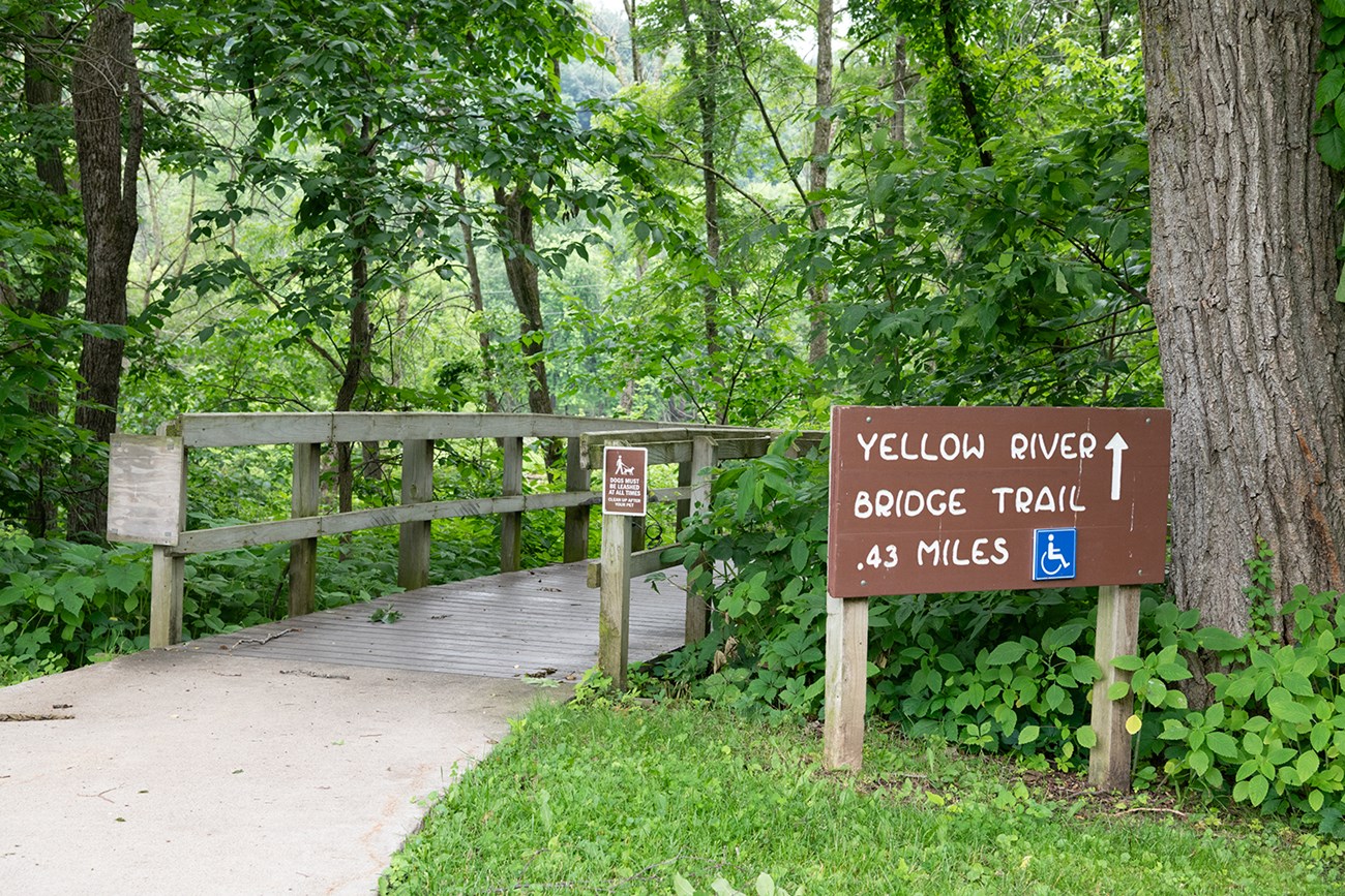 The beginning of a boardwalk and a sign that reads 