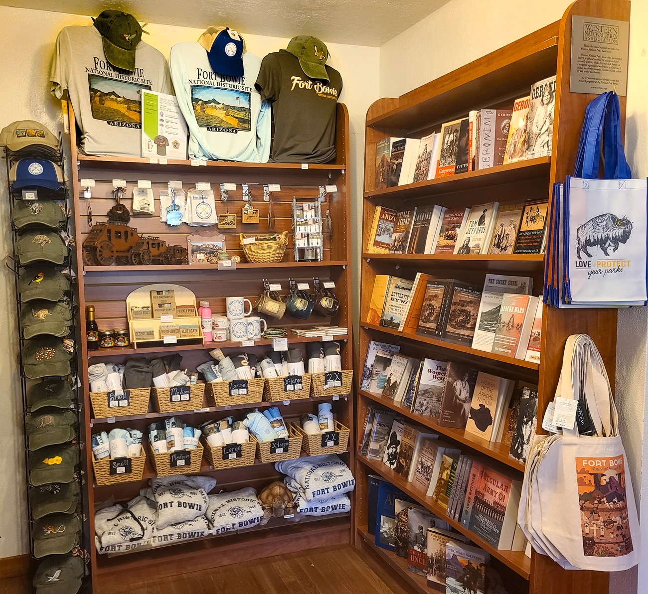 Store shelves with gifts and books.