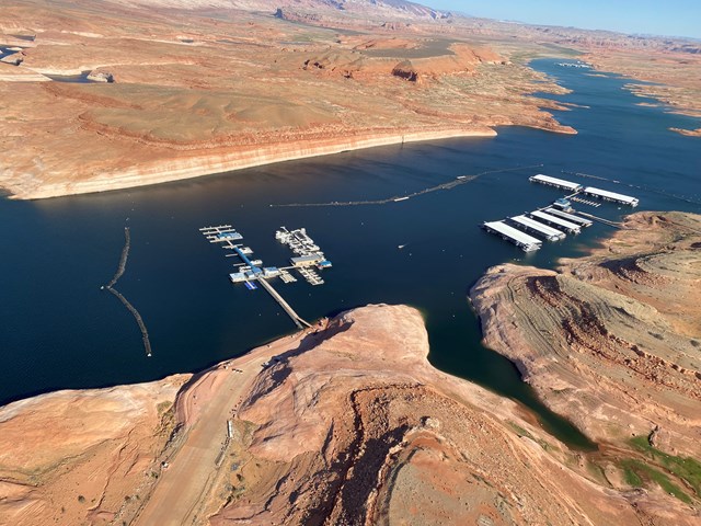 Aerial view of marina in a desert lake
