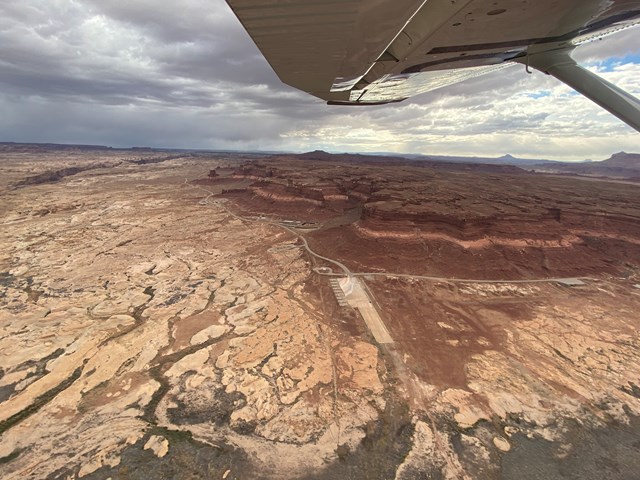Aerial view of sandstone with launch ramp leading nowhere