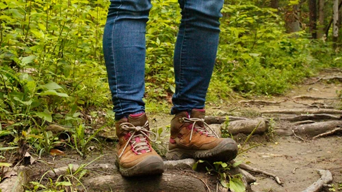 Persons legs in hiking boots on trail.