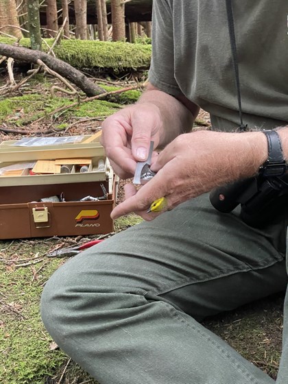 A person sitting on the ground measures the length of a bird's wing.