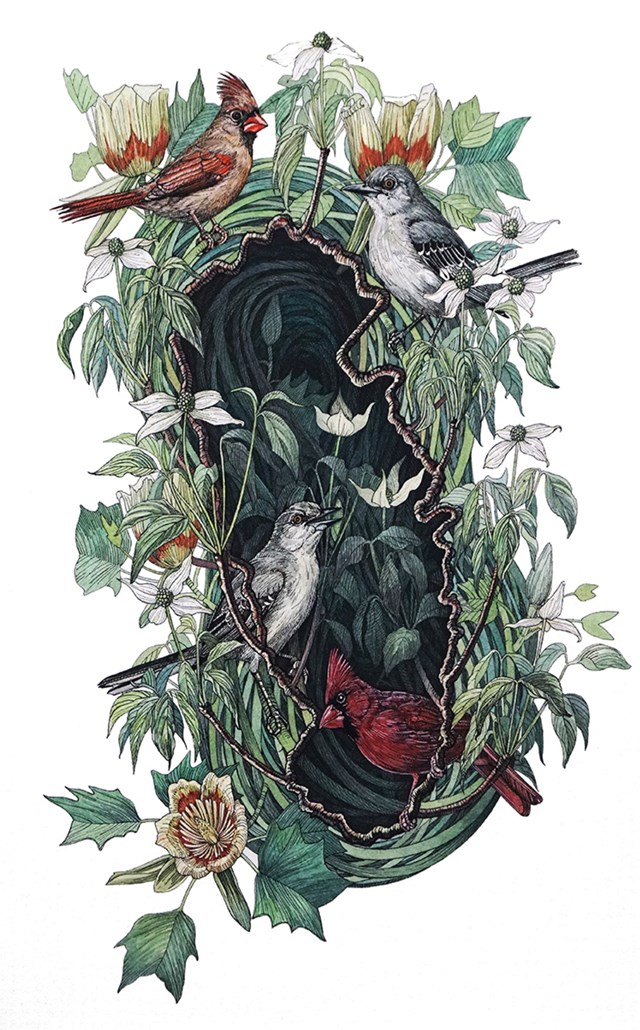 A group of songbirds hanging out in a splash of vegetation and greenery.