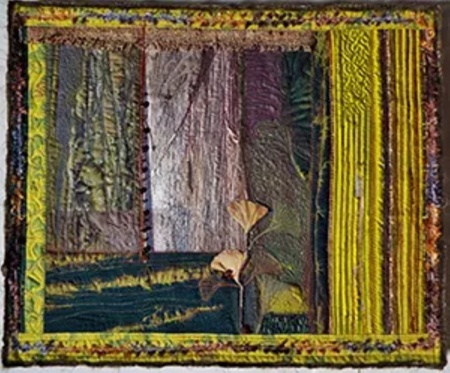 Abstract shape art with boxes of texture and Ginko leaves.