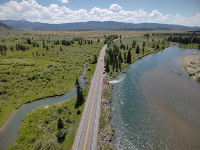 View of highway that crosses an area where two rivers merge.