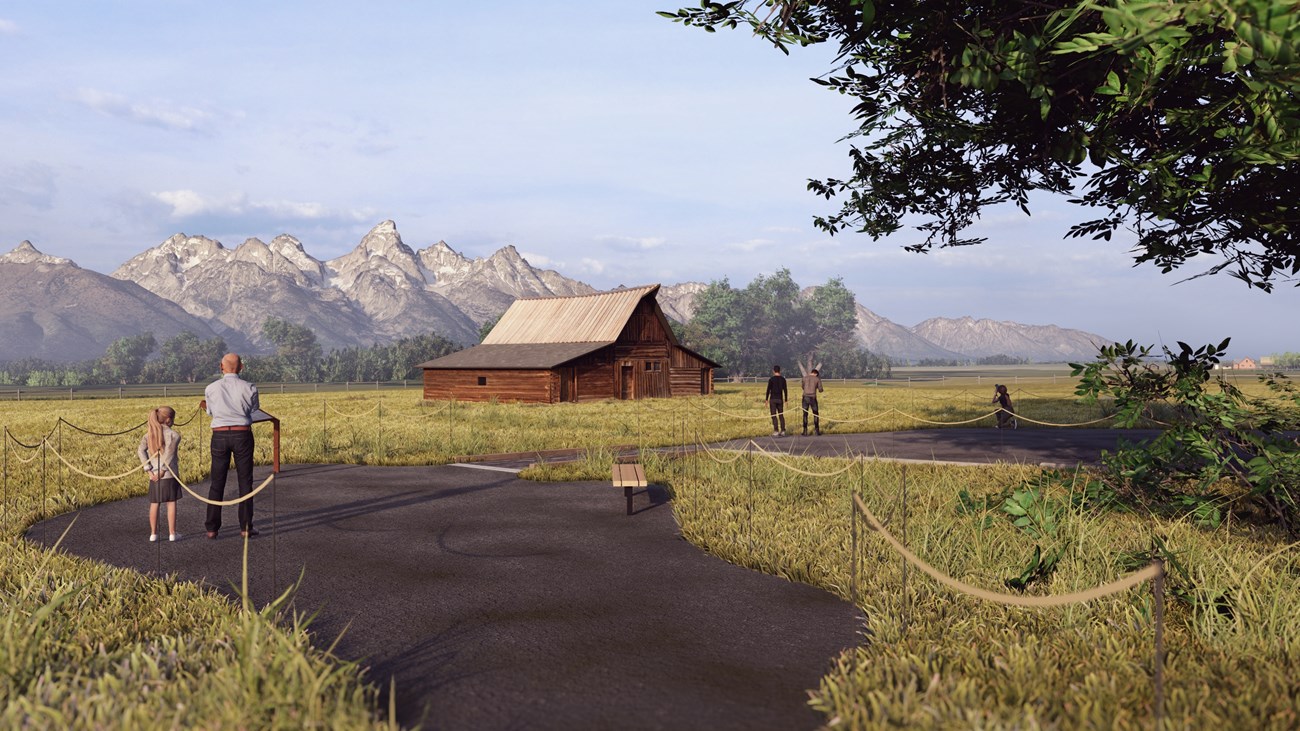 Rendering of new visitor facilities with historic structure in background.