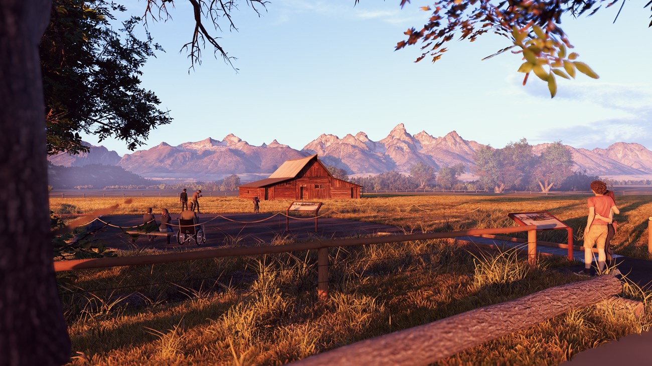 Rendering of new visitor facilities with historic structure in background.