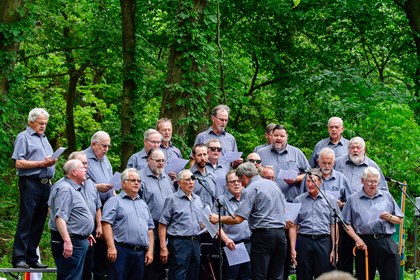 About 20 men with gray shirts and black pants stand on stage facing an audience. Several are making faces and appear to be either singing or preparing to do so.