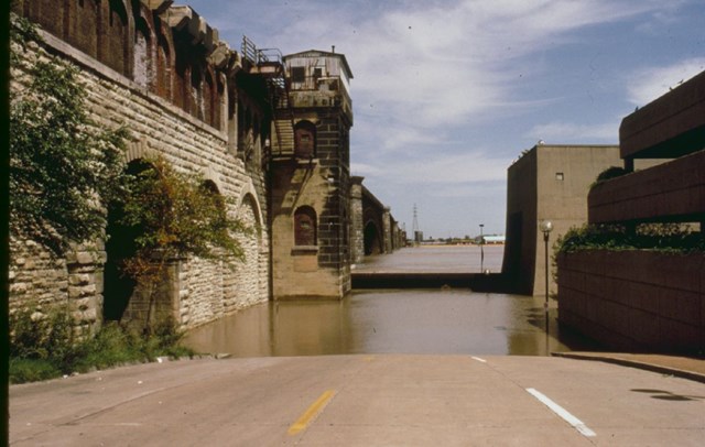 Washington Avenue during 1993 flood, near Arch parking lot.
