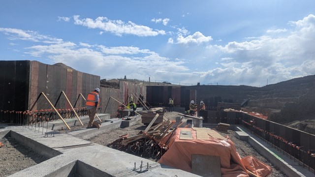 A construction crew at a site. 