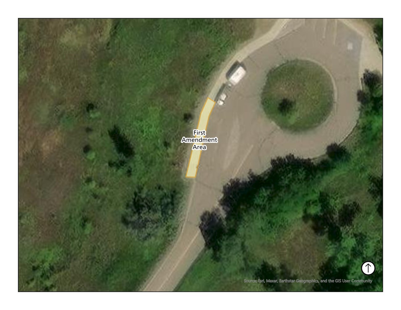 Aerial view of Mulberry Bend parking lot highlighting the first amenment activity area.