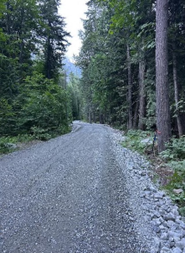 a flat gravel road bed in a forest