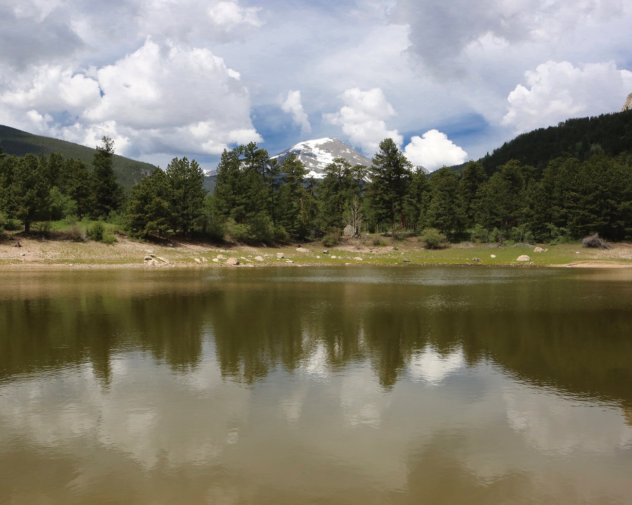 Lake surrounded by pines with mountains reflecting on the water.