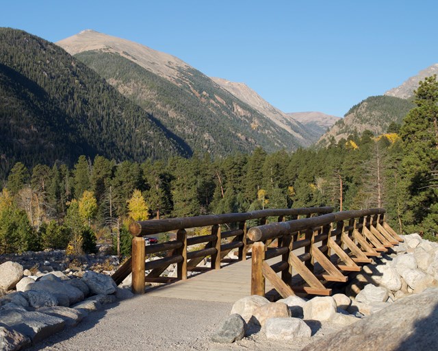 Wooden footbridge with rocks and mountains.