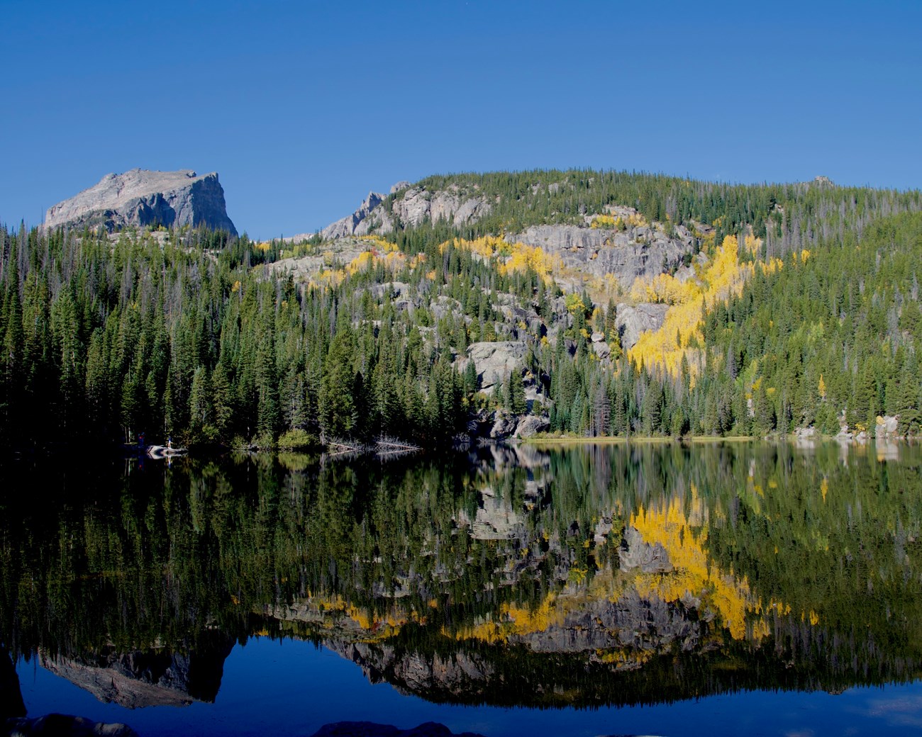 Mountains and fall foliage reflected in a lake.