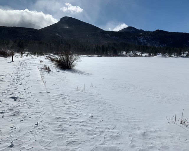 Snow covered lake and trail.