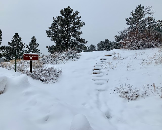 Snow covered stone steps.