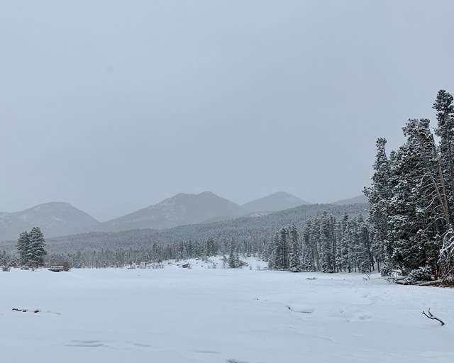 Snow covered lake with low visibility.