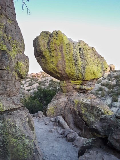 yellow-green lichen cover this odd balanced rock