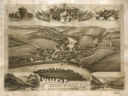 Illustrated black and white aerial view of valley forge in 1890