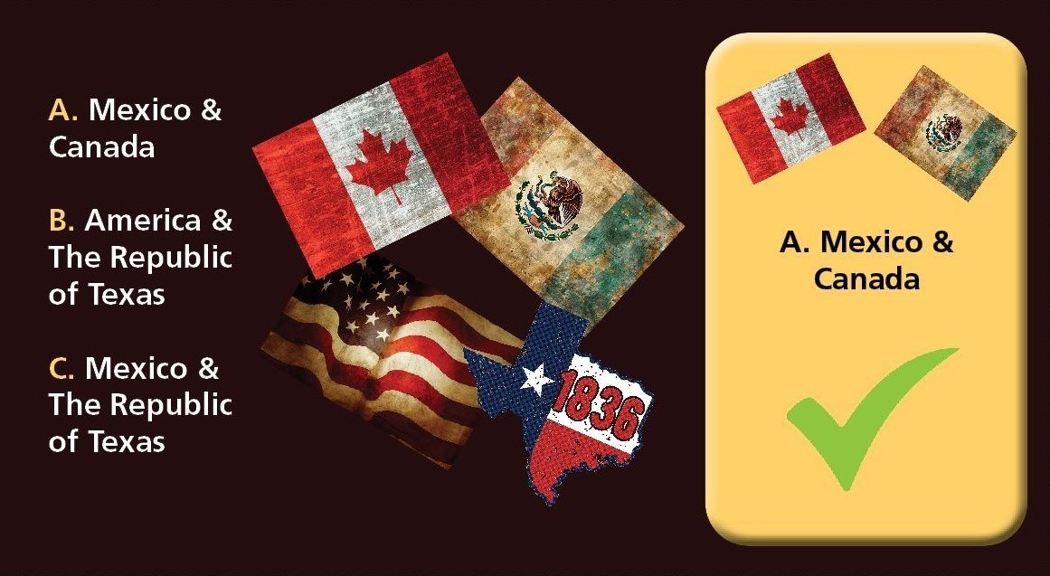 3 choices of national relationships on the left, flags of Canada, Mexico, U.S., and Republic of Texas in the center, and a text box showing Mexico and Canada floating above a green checkmark.