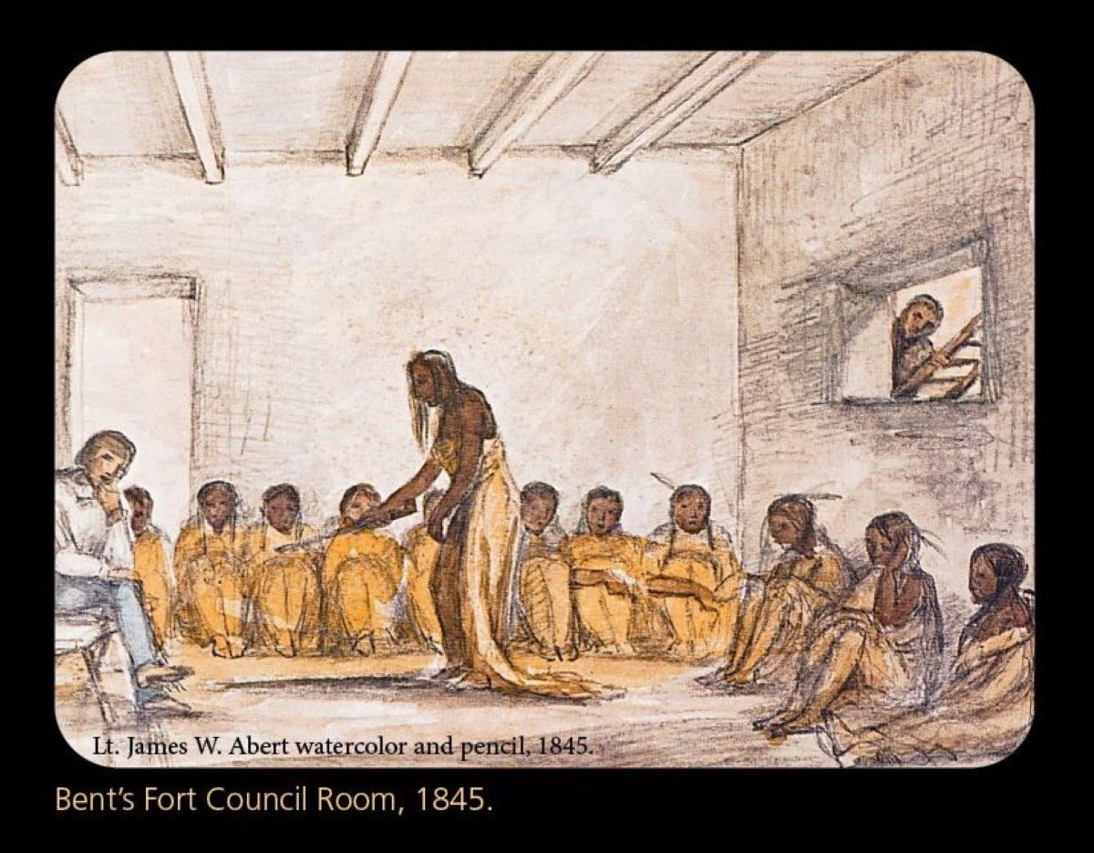 Watercolor and pencil sketch of a dozen seated Native Americans in the council room with one Anglo trader seated on a bench, one man peering through the window, and one Native American standing in the center