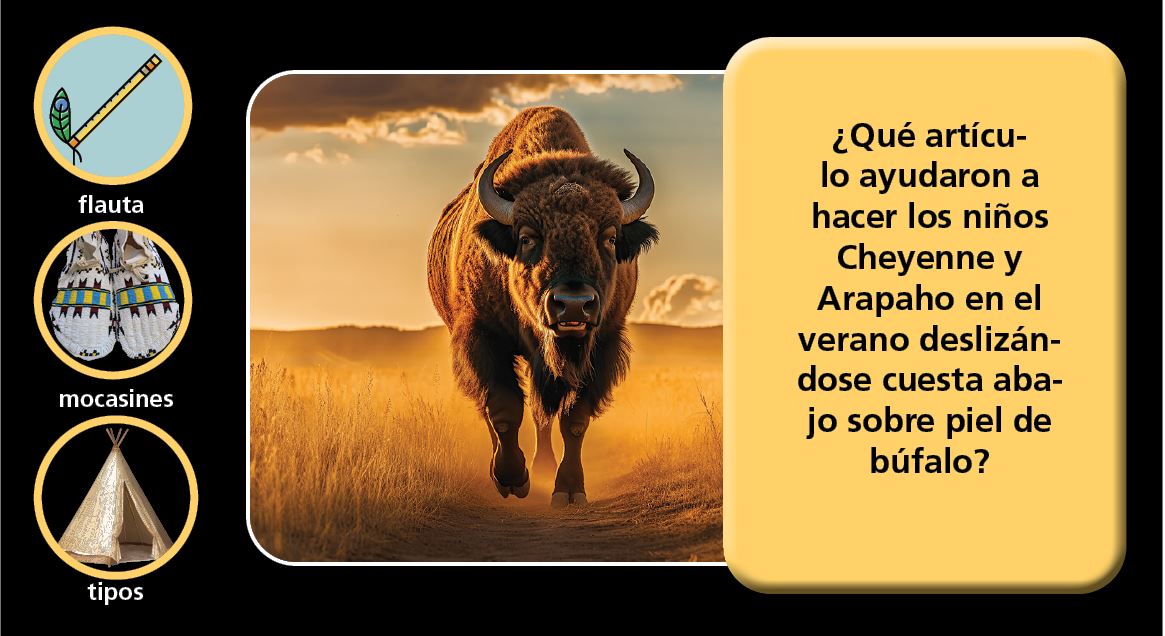 Tres marcos circulares con una flauta, mocasines y un tipi a la izquierda, una foto de un búfalo corriendo hacia el espectador en el centro y un cuadro de texto con mocasines flotando sobre una marca de verificación verde a la derecha.