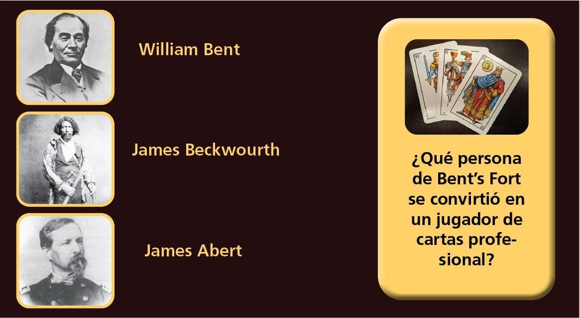 Tres marcos cuadrados con las fotos de William Bent, James Beckwourth y James Abert a la izquierda y un cuadro de texto con James Beckwourth flotando sobre una marca de verificación verde.