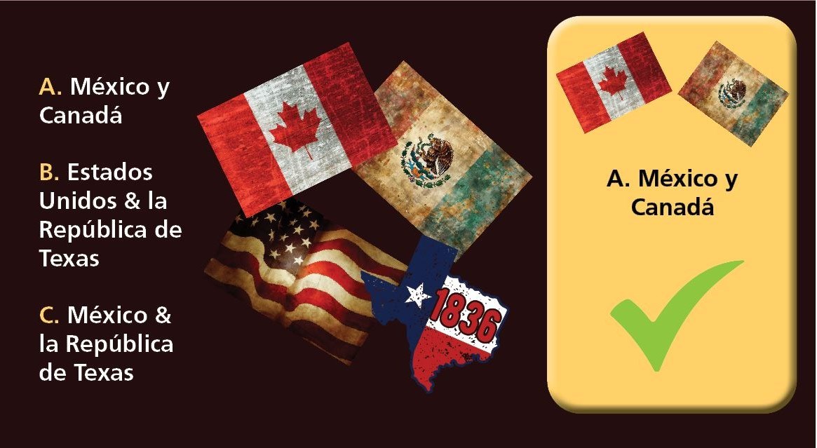 A la izquierda hay tres opciones de combinaciones de países que involucran a México, Canadá, la República de Texas y los Estados Unidos. La imagen central son cuatro banderas que representan a esas naciones y un cuadro de texto con México y Canadá flotand