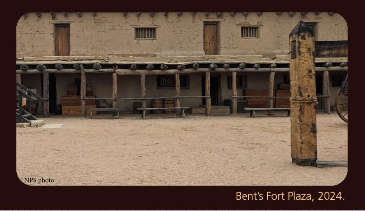 Watercolor and pencil sketch showing Native Americans in yellow blankets standing in a circle in the fort plaza while others are seated on second floor