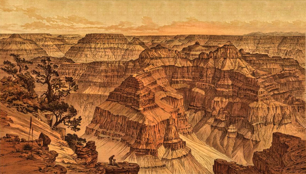 Painting of canyon walls with person in foreground