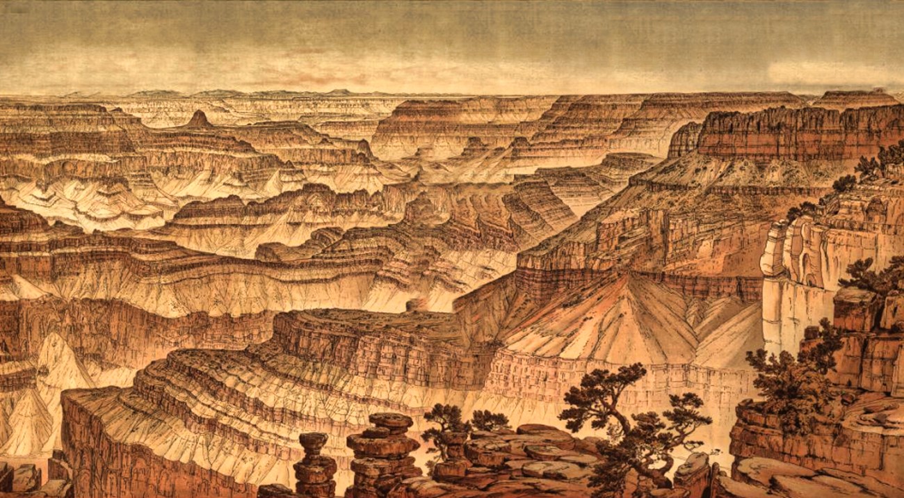 Painting of canyon with trees in foreground