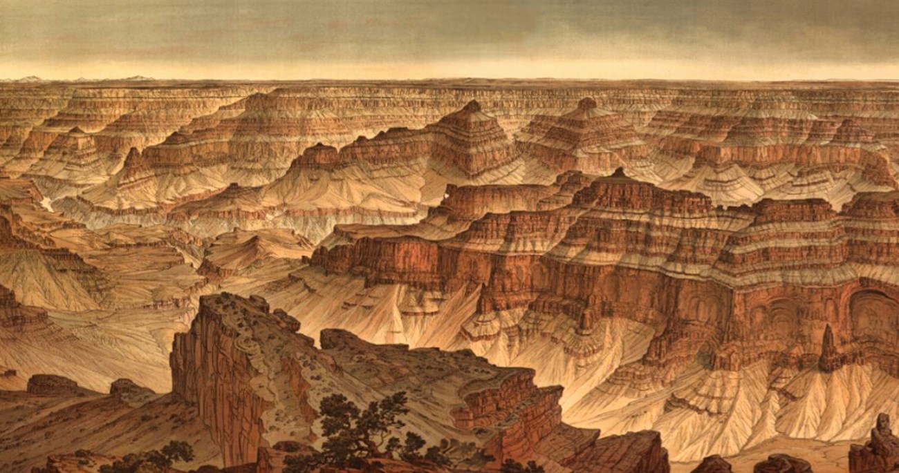 Painting of canyon walls with trees in foreground.