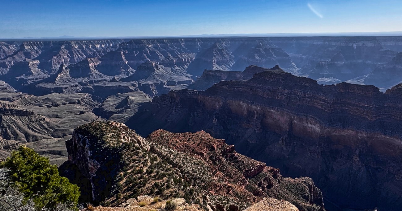 Painting of canyon walls with trees in foreground.