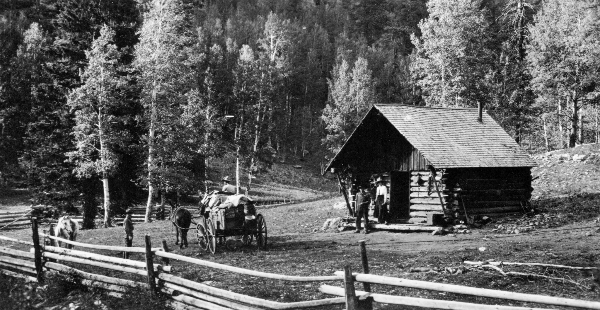 Men, wagon, and horse in front of cabin with fence in foreground, trees in background
