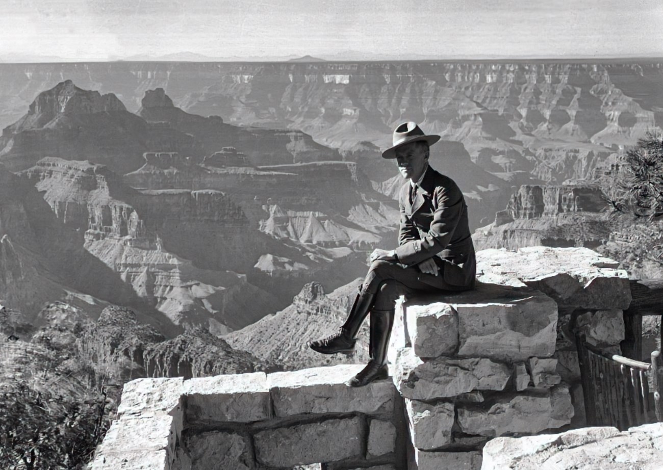 Man sitting on rock wall with canyon in background