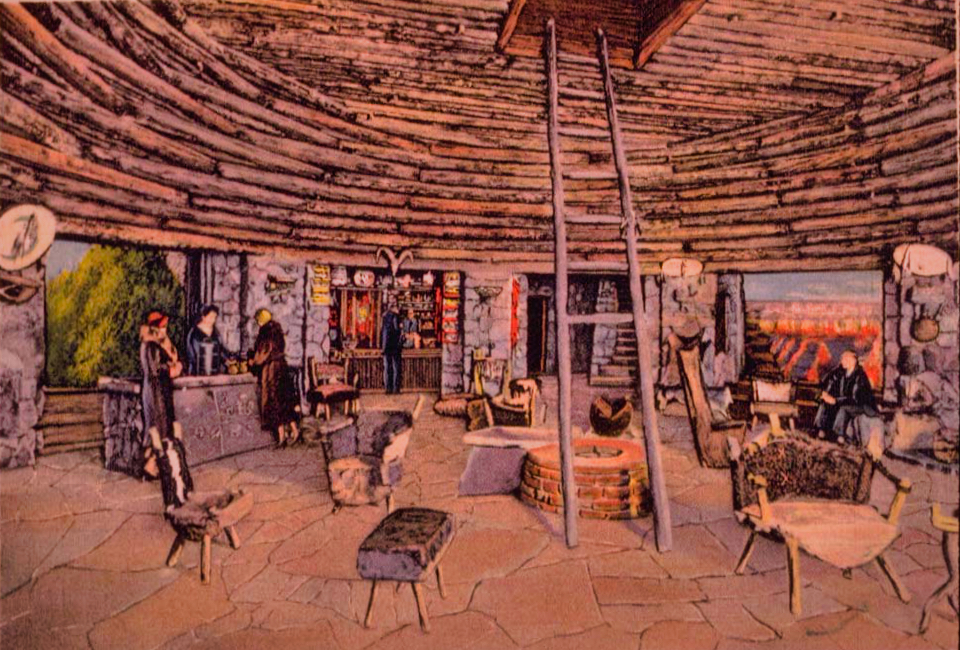 Circular building interior with ladder in middle and people and furniture