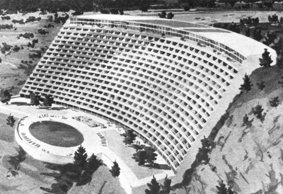 Architectural drawing of sloped hotel structure set into steep, rocky hillside