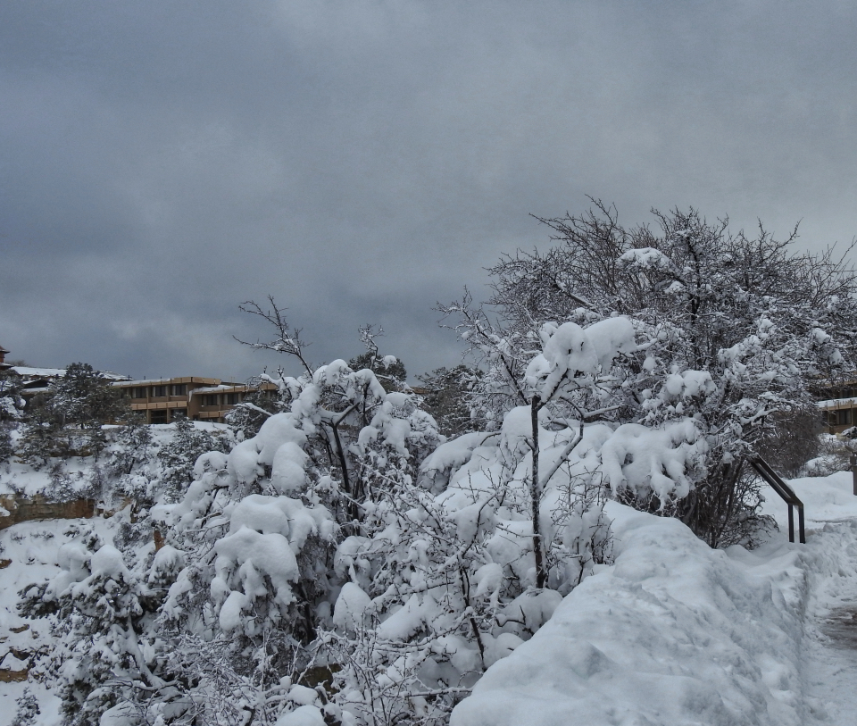 Tower with cables down into canyon.  Bench and snow on ground