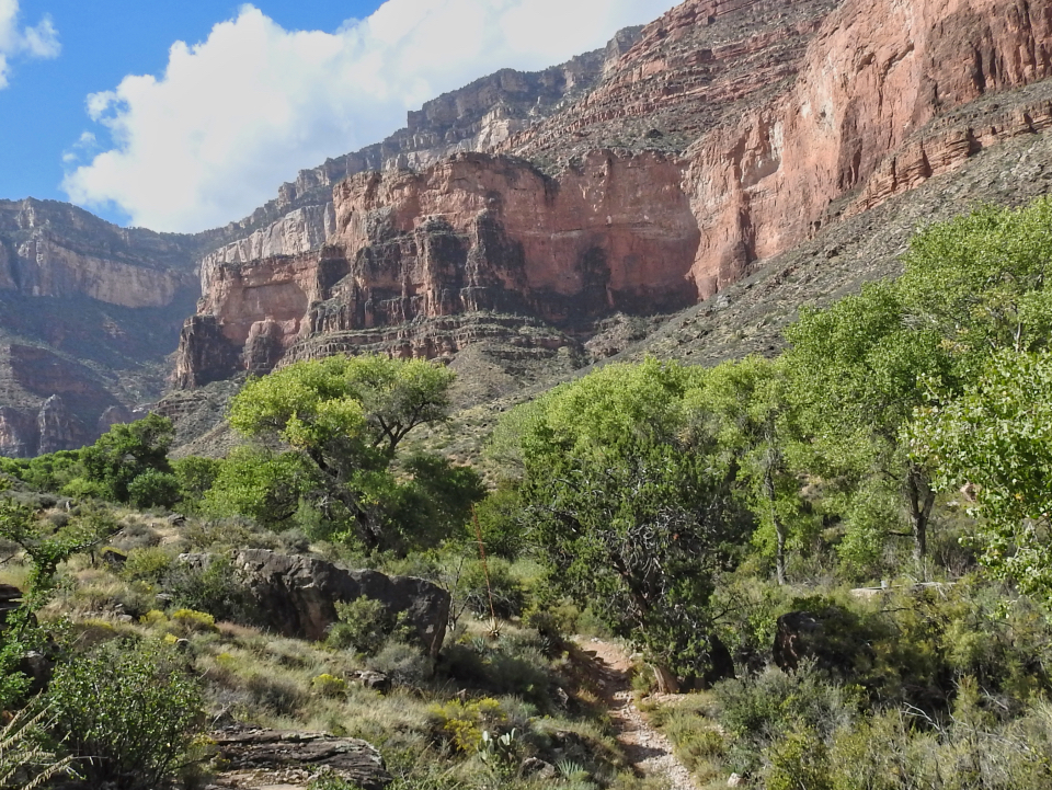 Stone and wood structures on hillside with cliffs in background