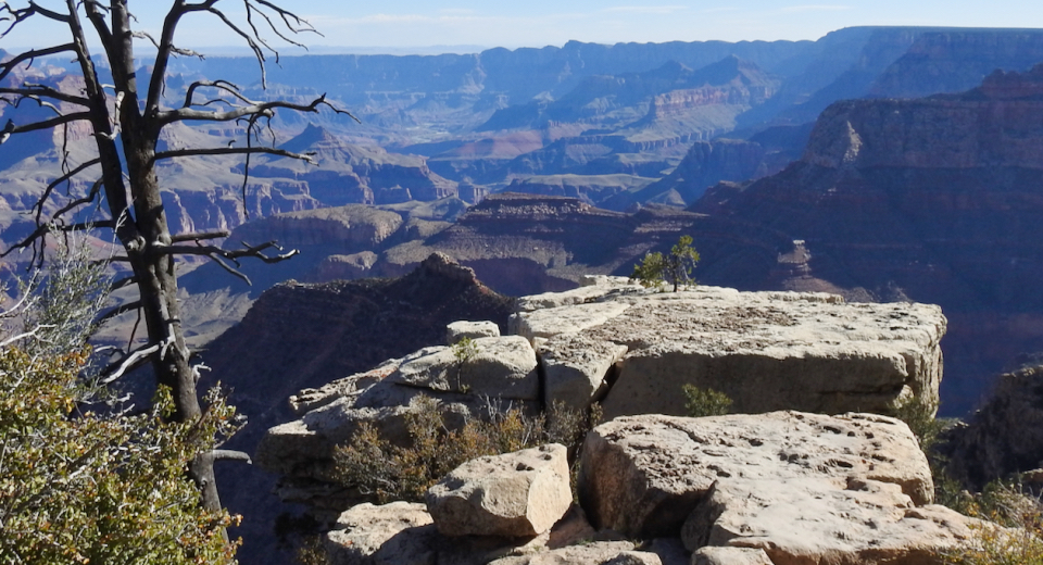 Cliff, bridge between rocks, people and trees