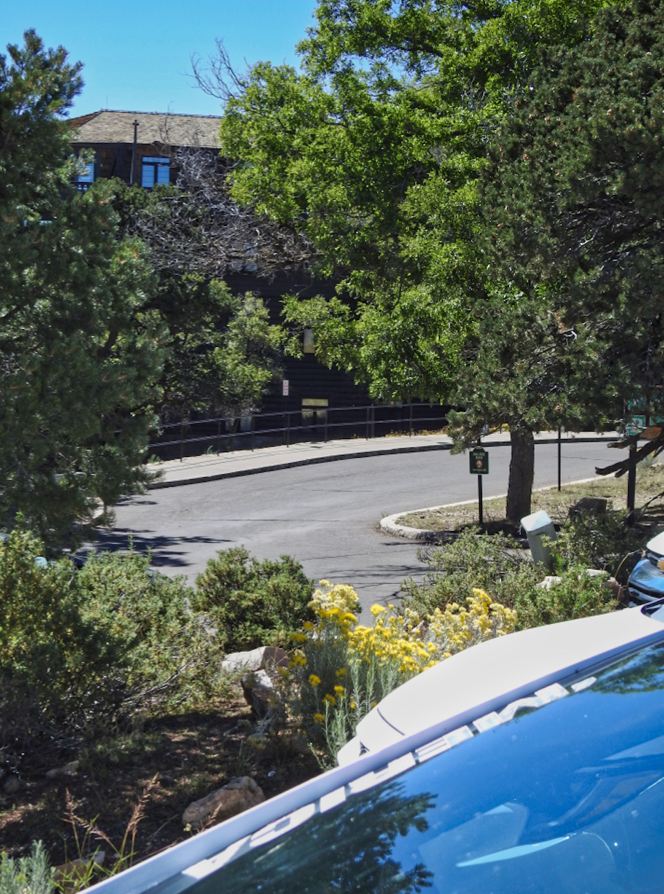 Man on horse with another man standing in front with buuilding and trees in background
