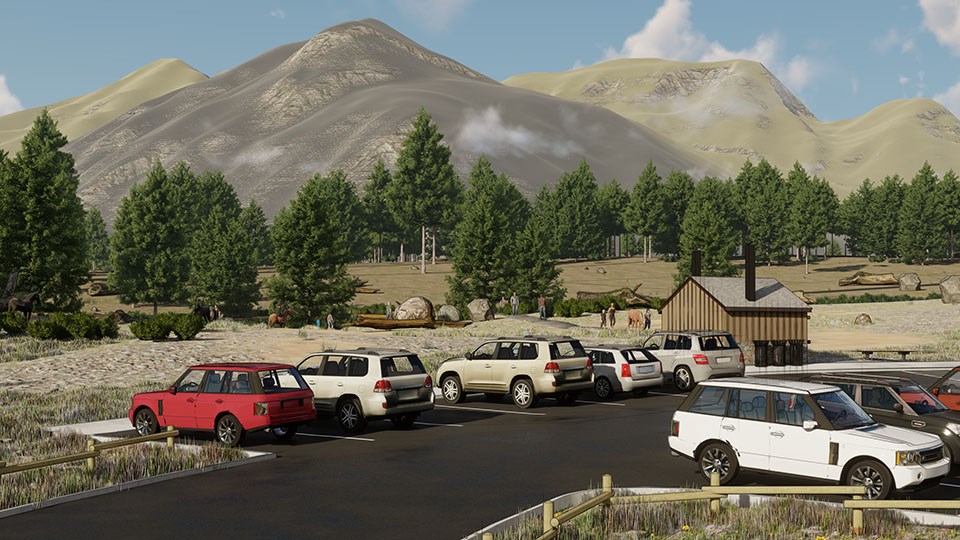A rendering of improved Granite Canyon Trailhead parking lot showing new asphalt, a bathroom, and trashcans.