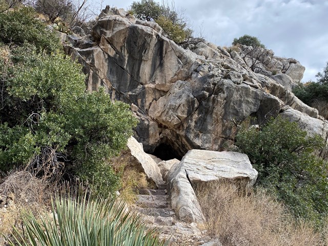 Stone stairs surrounded by brown grasses and green shrubs lead to an opening in the rockface. 