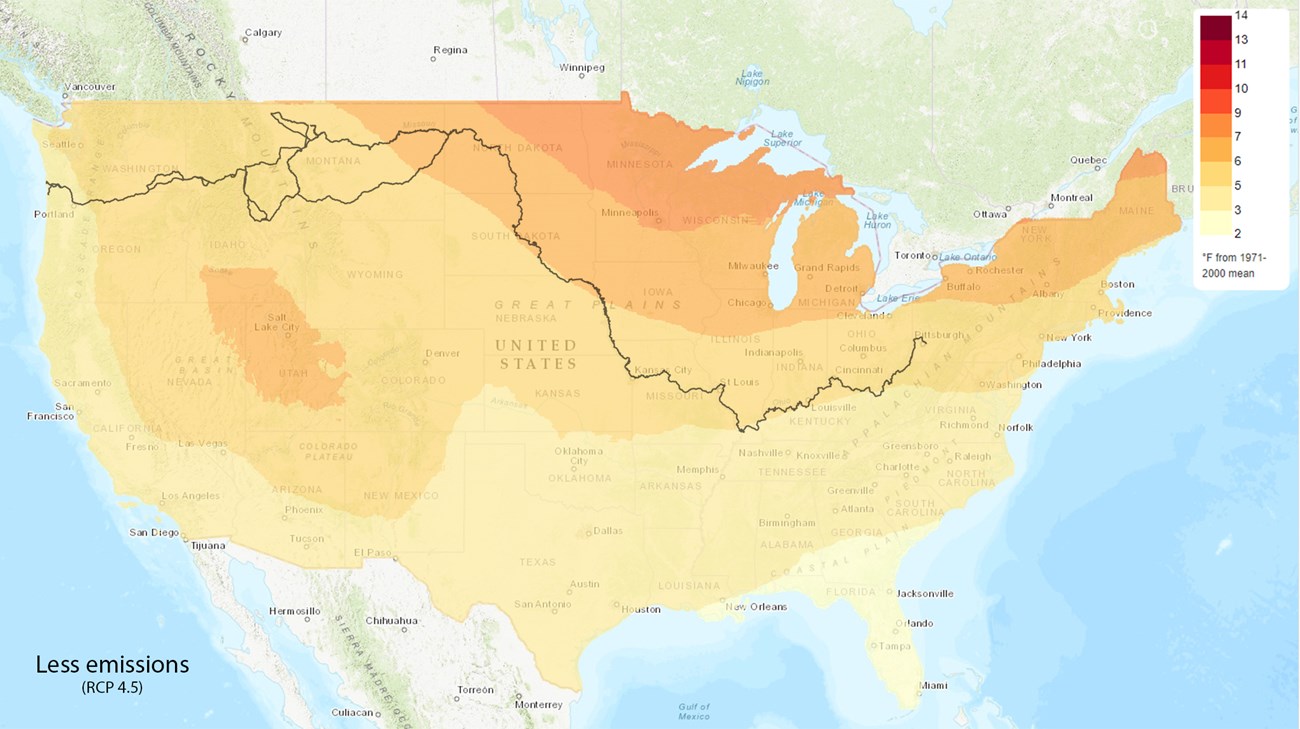 Map of the US showing temperature increases of 2-7 degrees F with less emissions (RCP 4.5)