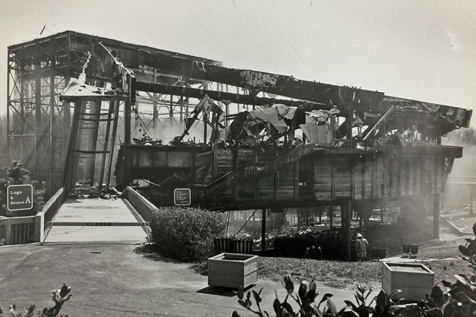 The Filene Center, after a destructive fire on April 5, 1982.