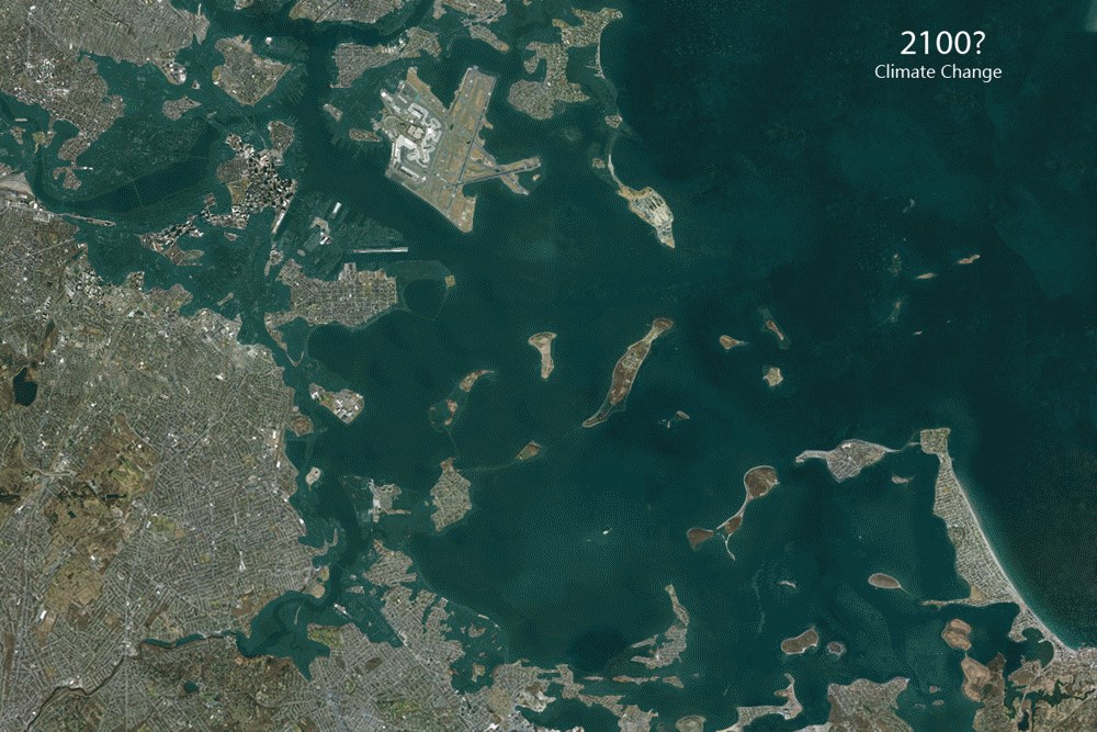 Satellite view of Boston Harbor from the outer islands to the coastline.